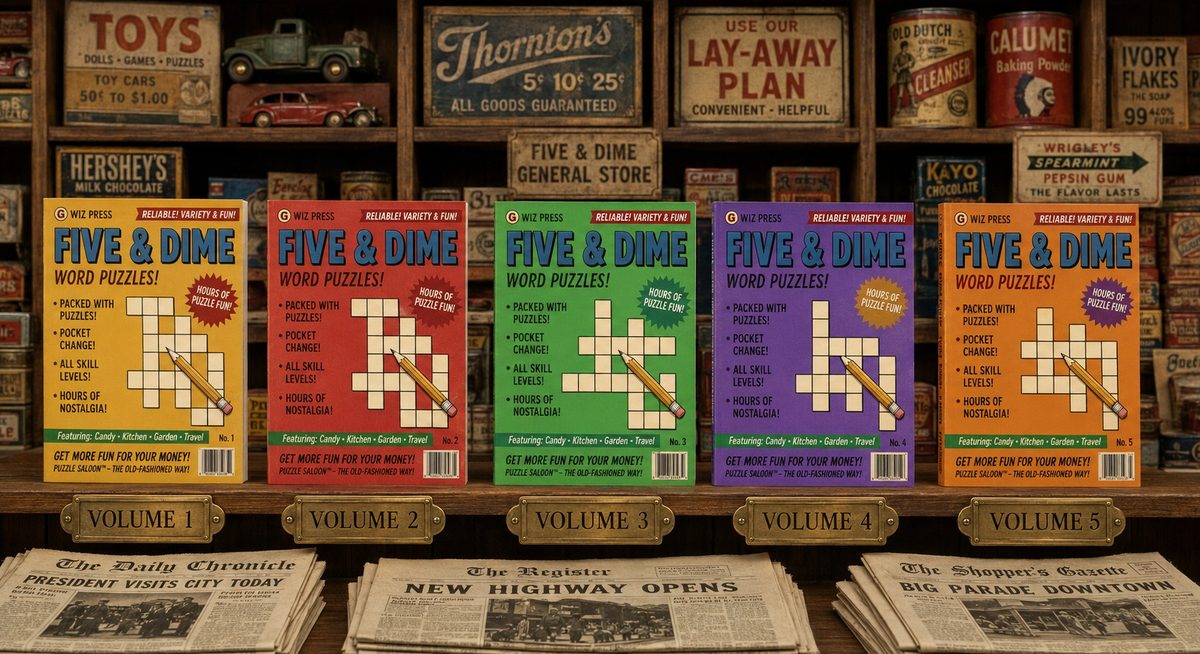 A five-and-dime store rack lined with Five & Dime puzzle books