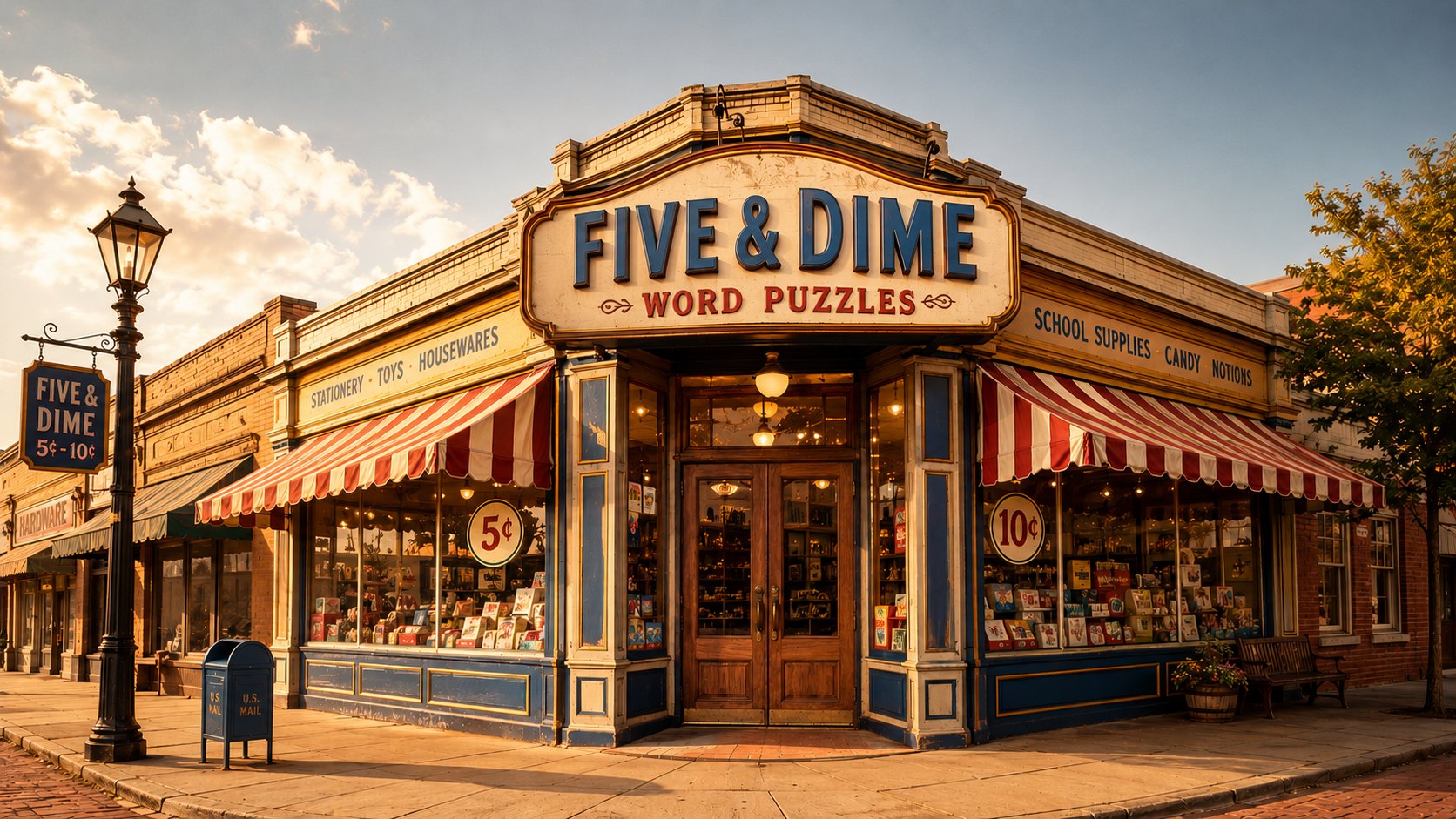 The Five & Dime Word Puzzles store on a street corner, with wooden double doors at the corner entrance